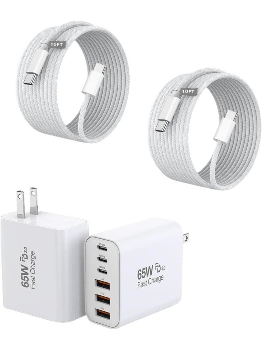 65W USB C Wall Charger Block,2Pack 6Port Fast Charging Block with 10ft Cord